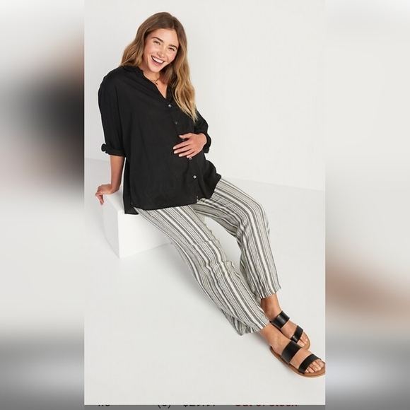Maternity Rollover-Waist Black & Ivory Linen-Blend Wide Leg Pants Sz XL. - Picture 1 of 11
